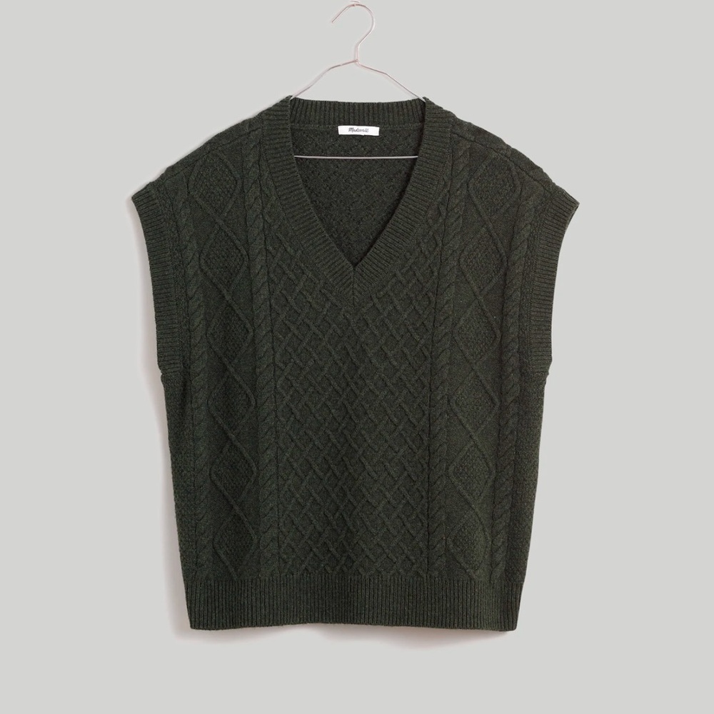 Madewell Cable-Knit V-Neck Sweater Vest, Heather Dark Forest
